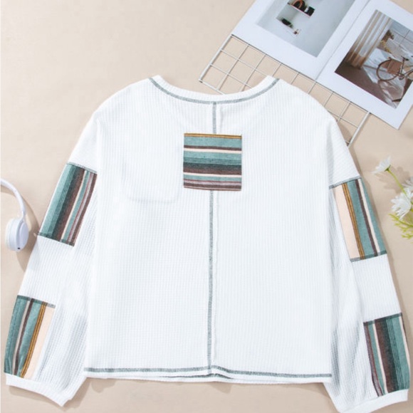 White & Green Striped Exposed Seam Patchwork Waffle Knit Top Size XL (16-18) - Picture 4 of 8